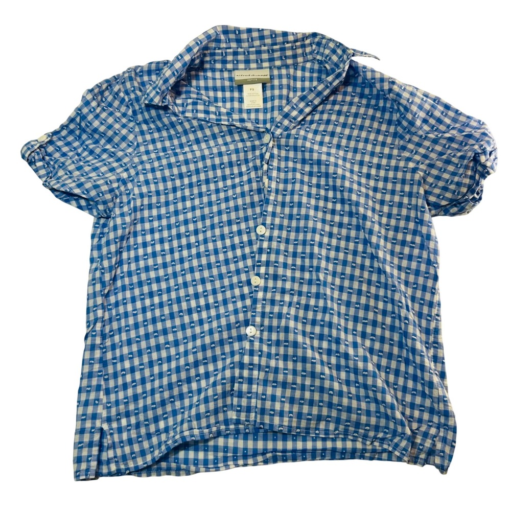 Alfred Dunner Petite Blue Gingham Cotton Button Down Shirt PS Short Sleeve Dot - Picture 1 of 5